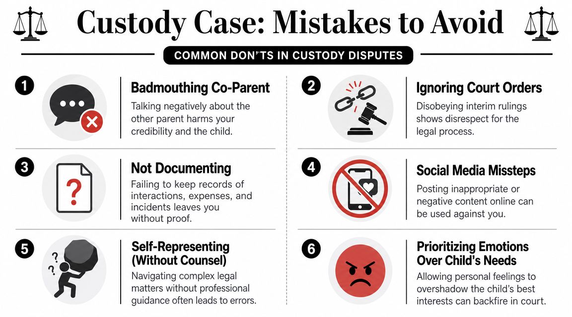 An infographic titled Custody Case Mistakes to Avoid, listing six common pitfalls to sidestep during legal disputes.