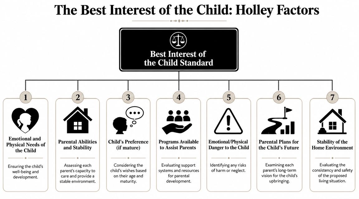 A diagram outlining the seven Holley factors used to determine the best interests of a child.