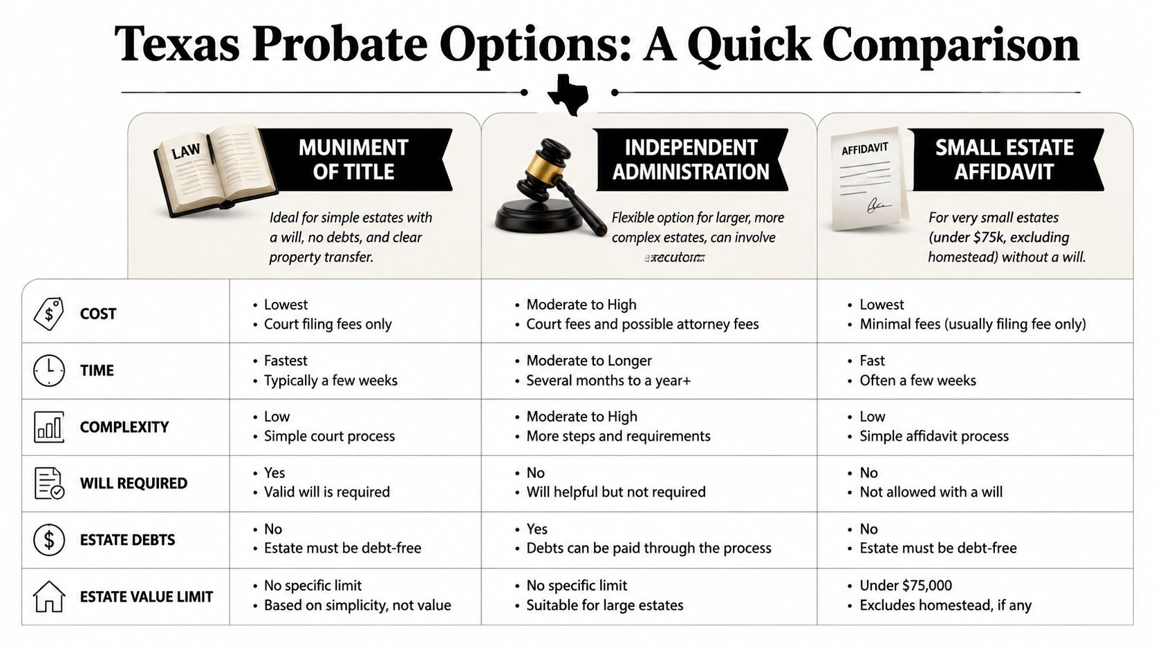 A comparison chart outlining three common Texas probate options including Muniment of Title, Independent Administration, and Small Estate Affidavit.