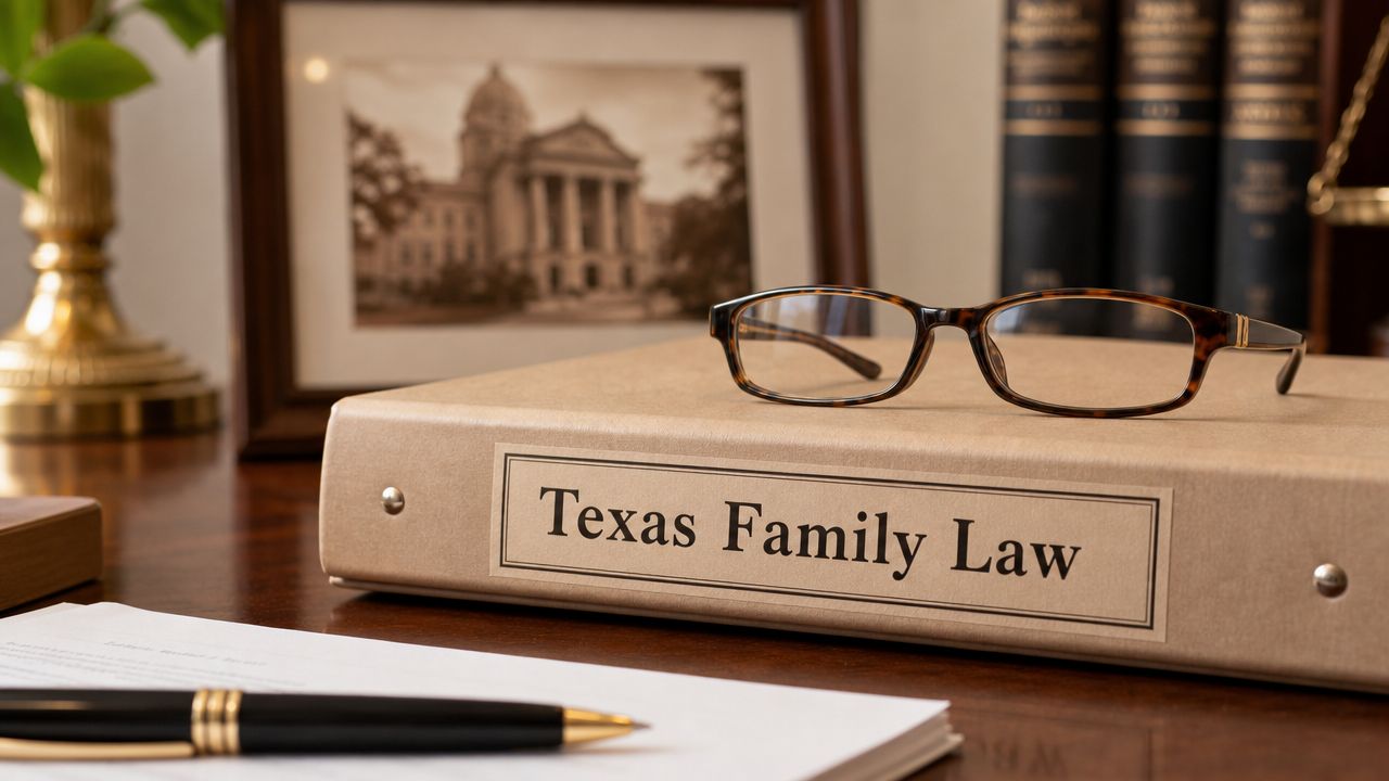 A leather-bound book titled Texas Family Law sitting on a wooden desk with reading glasses.