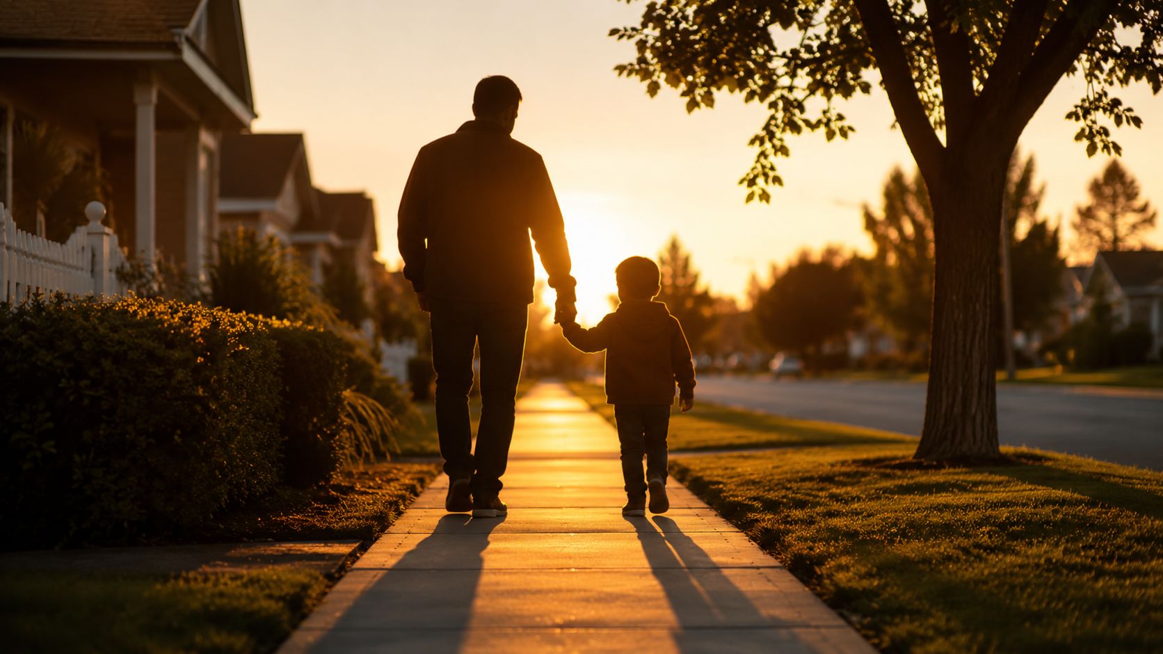 A father and son walking hand in hand on a sidewalk during a beautiful warm golden sunset.