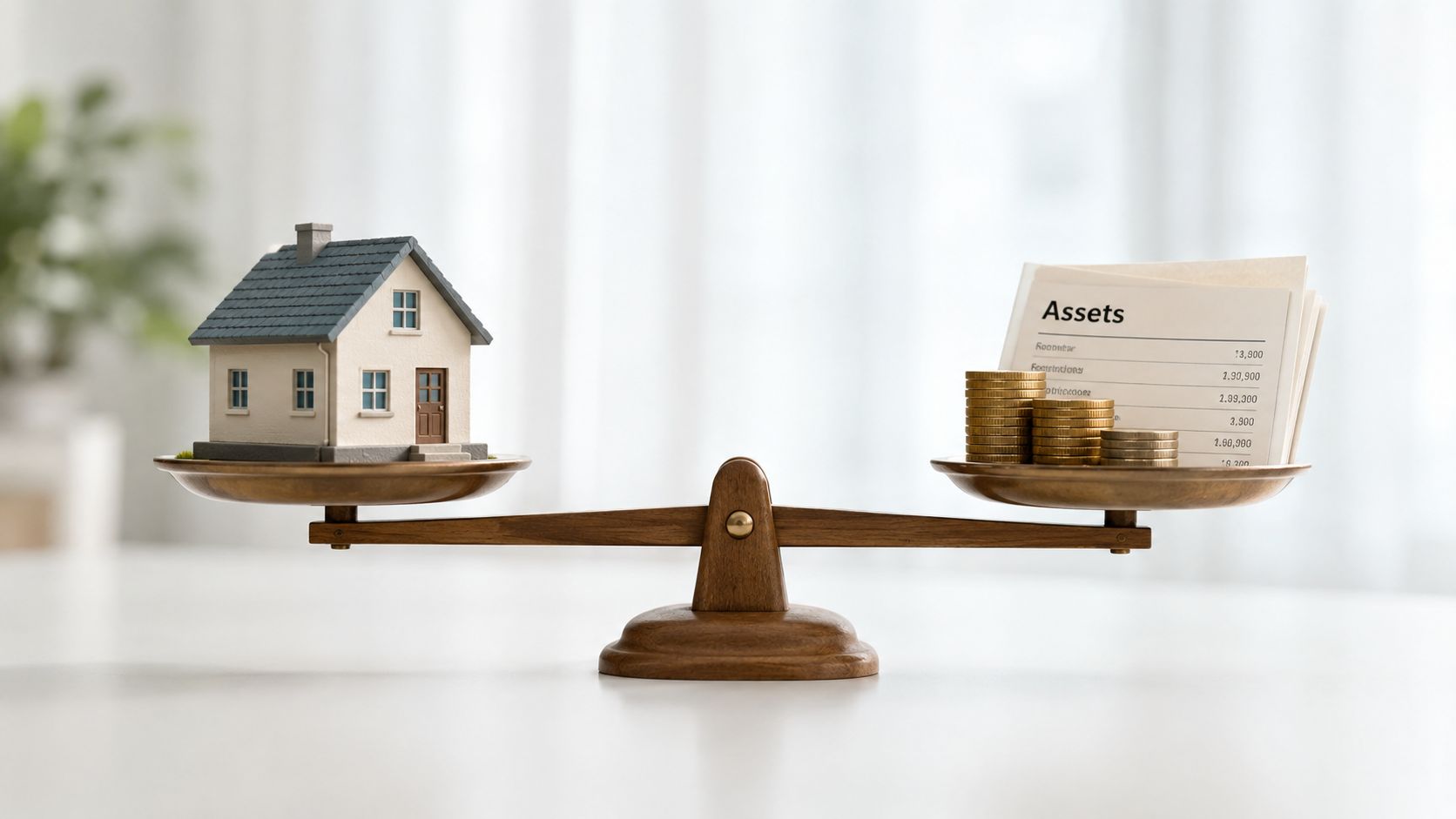 A miniature house and piles of coins representing financial assets balanced on a wooden scale.