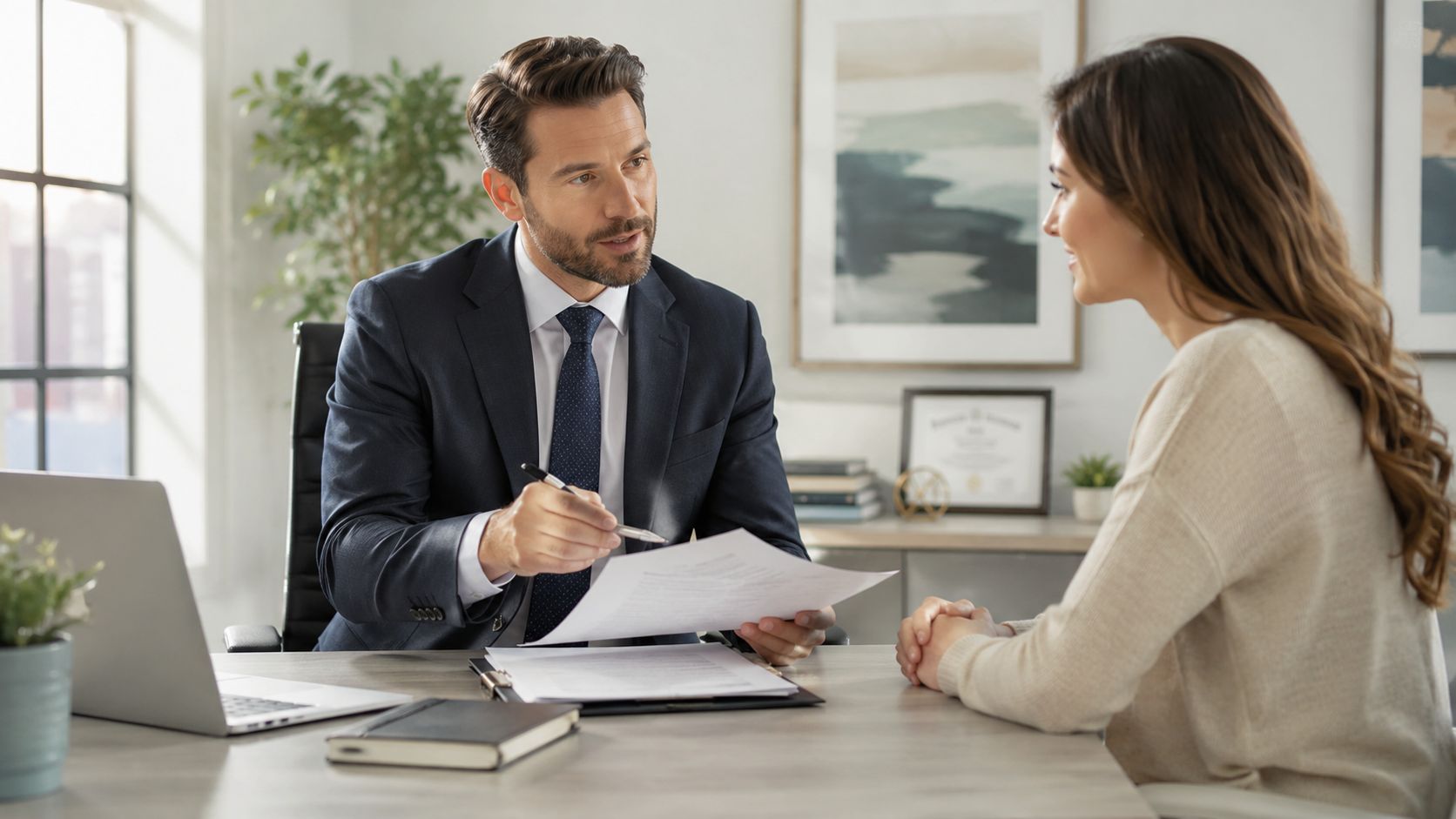 A professional lawyer having a consultation with a female client in a well-lit office setting.