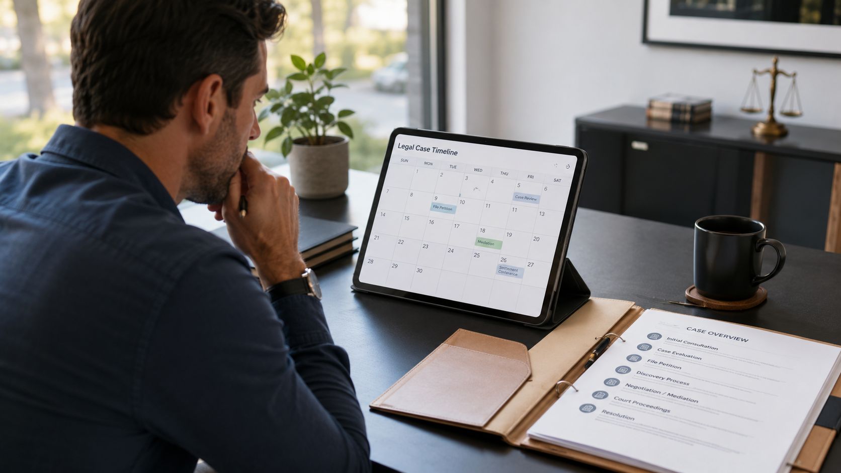 A professional man reviewing a legal case timeline on a tablet at his office desk.