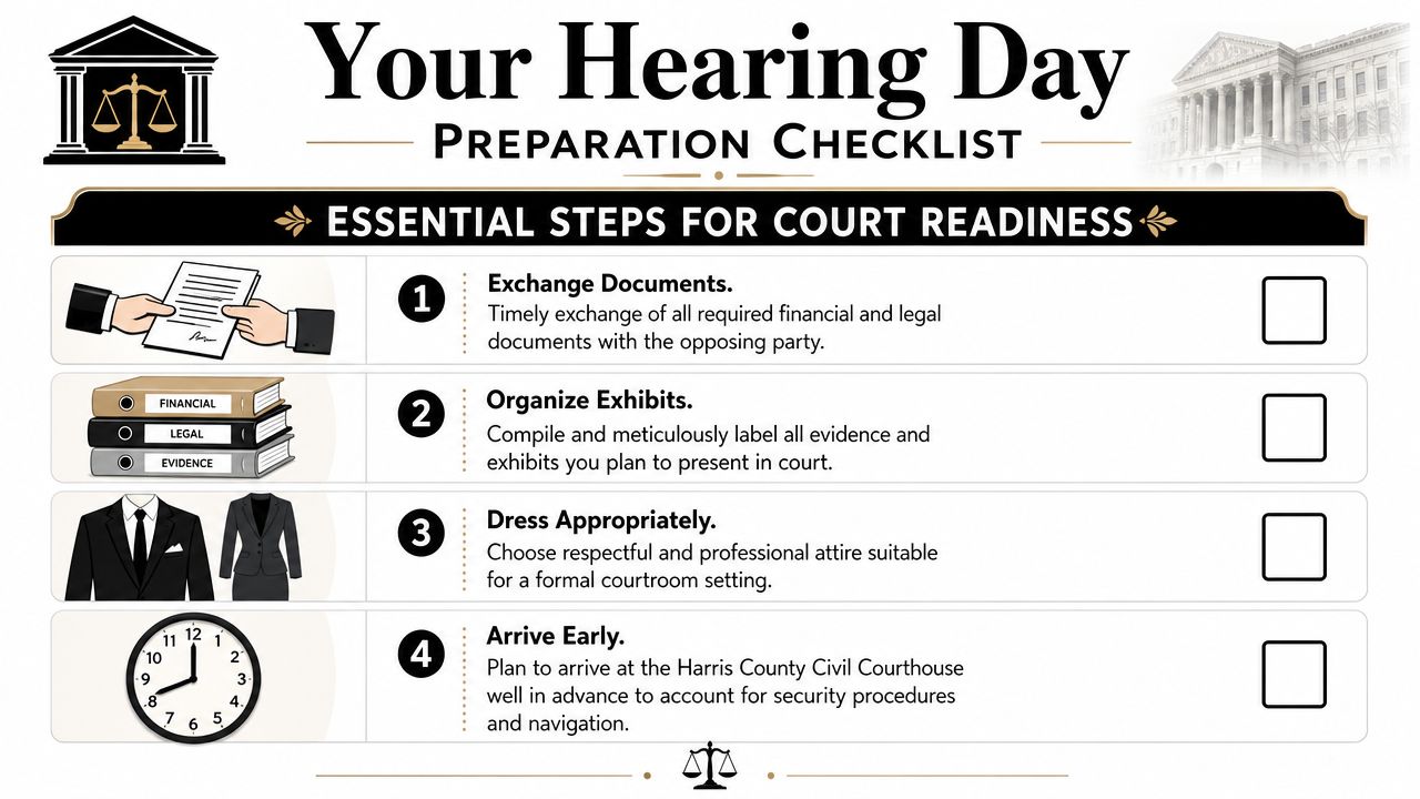 A checklist showing four essential steps to prepare for a court hearing in Harris County, Texas.