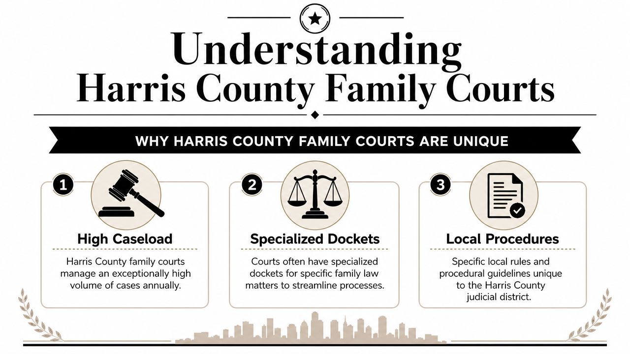 An infographic detailing why Harris County family courts are unique, highlighting high caseloads, specialized dockets, and local procedures.