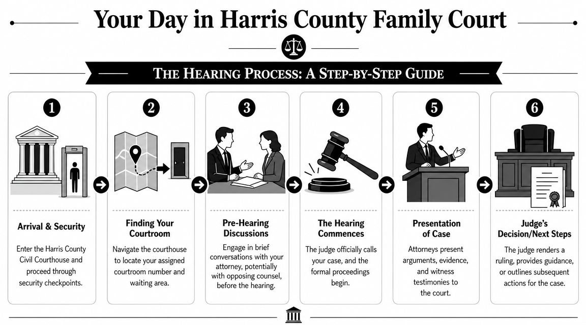 A six-step infographic detailing the process of attending a family court hearing in Harris County, Texas.