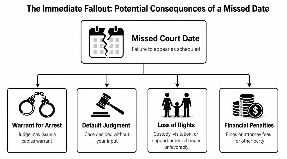 A flowchart illustrating the potential legal and financial consequences of failing to appear for a scheduled court date.