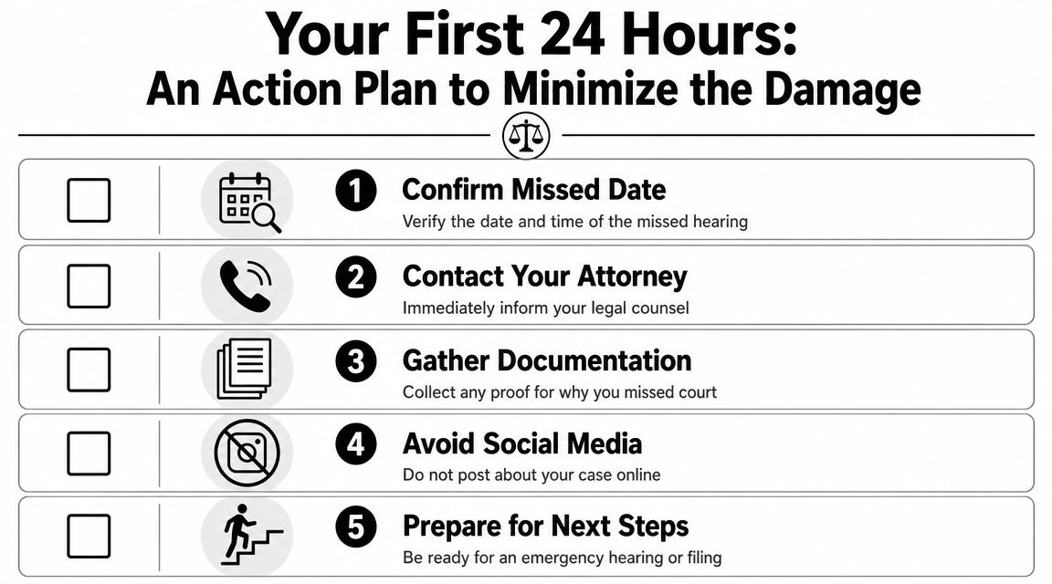 An infographic checklist titled Your First 24 Hours: An Action Plan to Minimize the Damage for missed court.