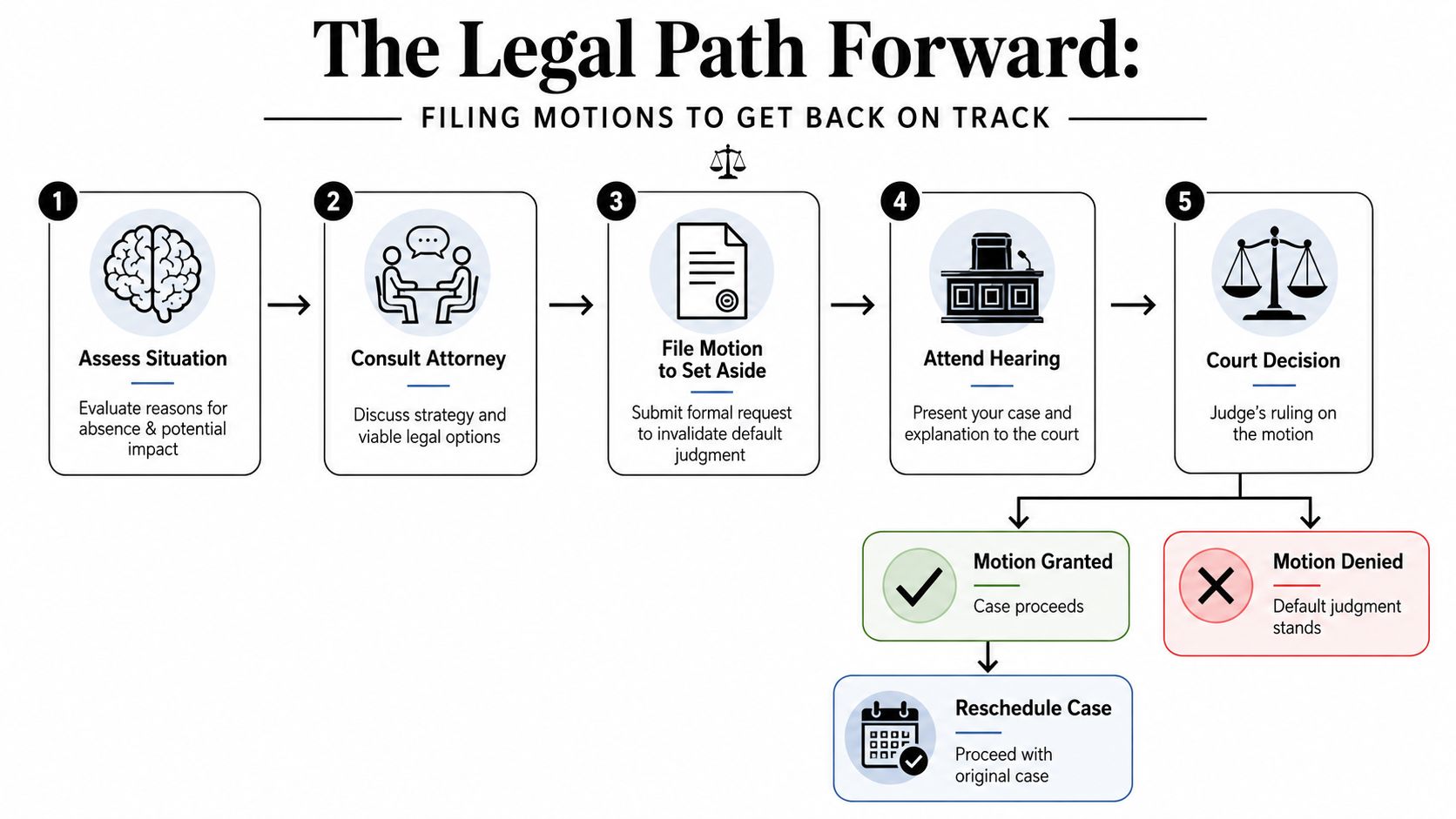 A flowchart detailing the five-step legal process for filing a motion to set aside a default judgment.