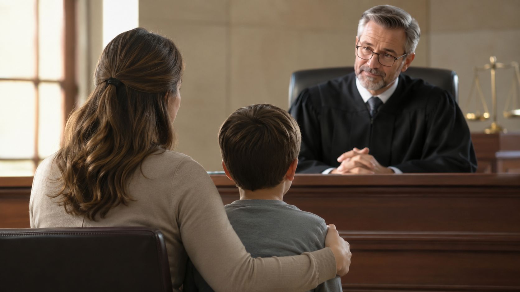 A mother comforts her young son while they sit before a judge in a courtroom setting.