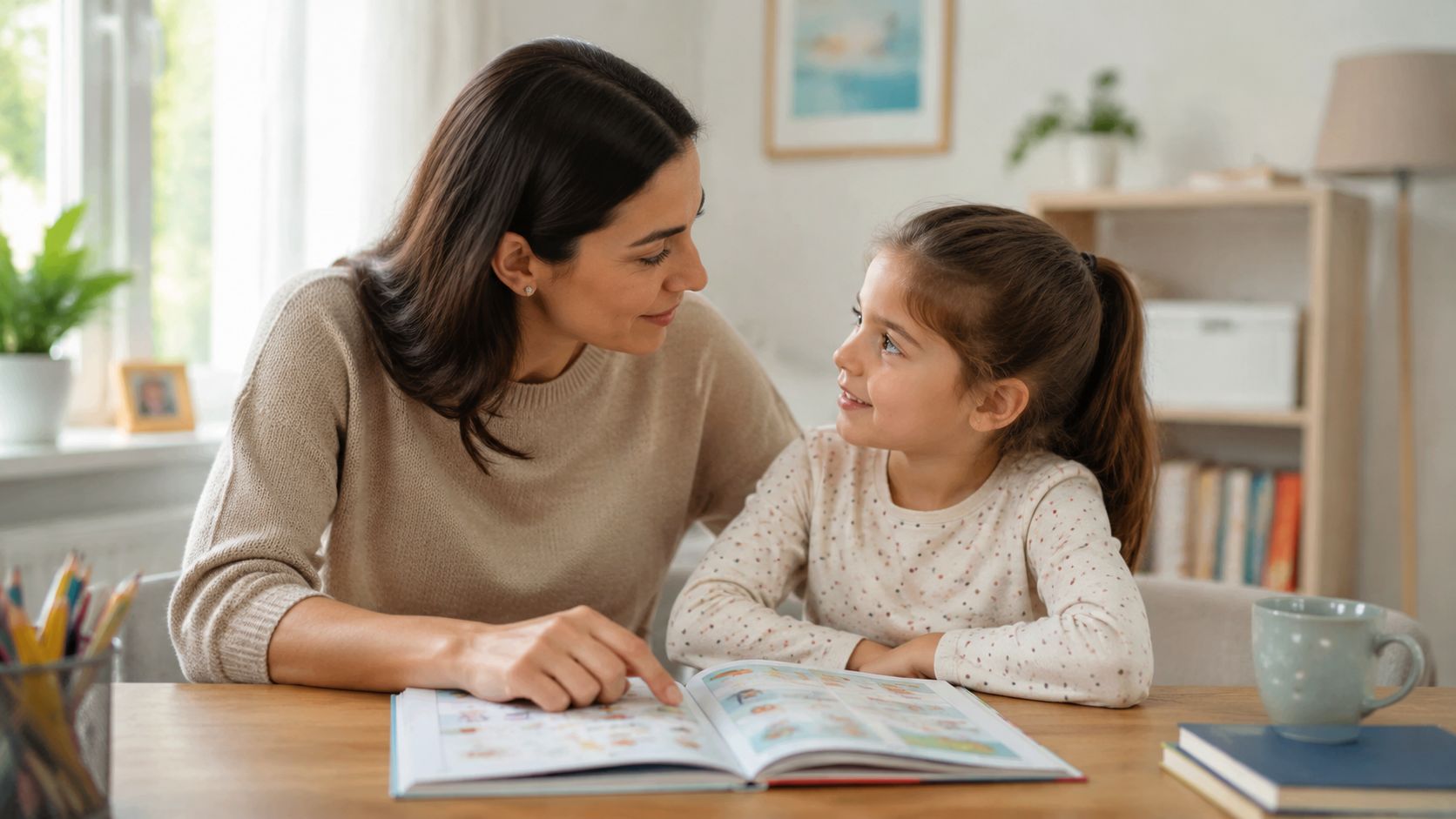A caring mother sits at a table and reads a colorful book with her young daughter.