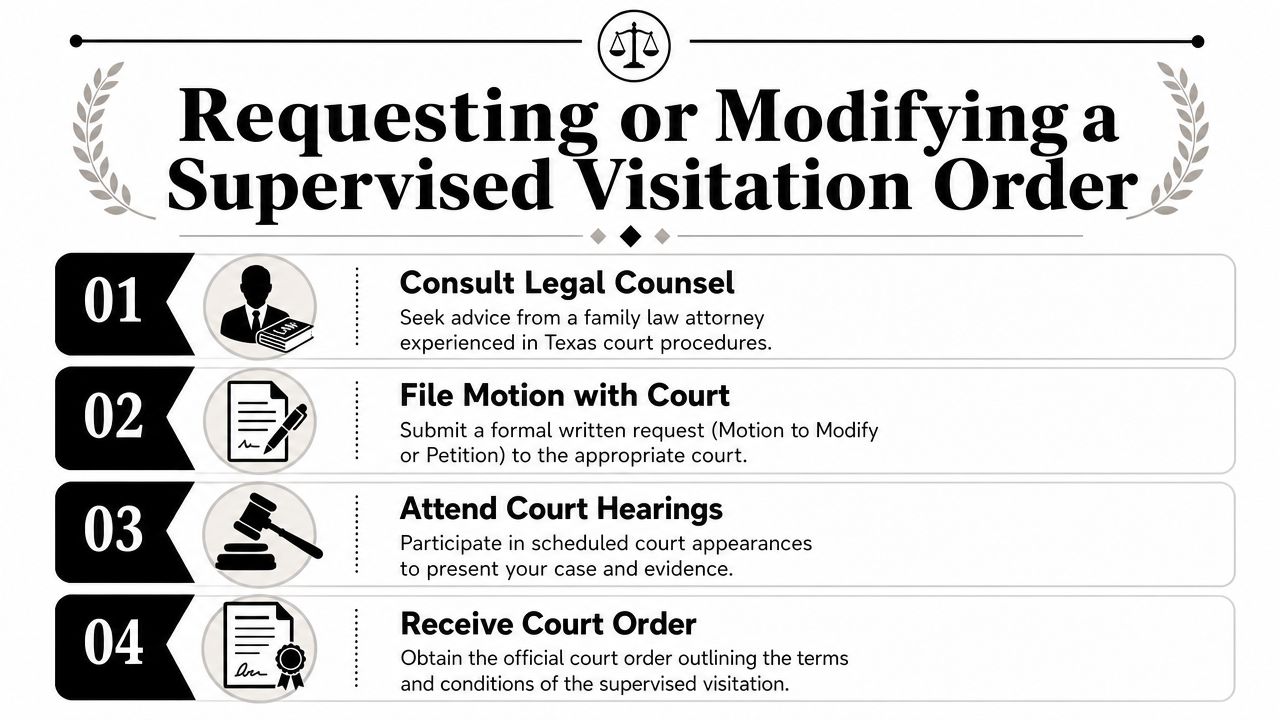 A four-step infographic explaining the legal process for requesting or modifying a supervised visitation order in Texas.