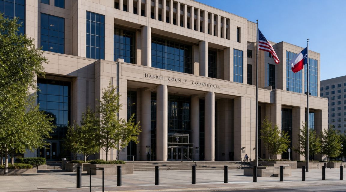 The Harris County Courthouse building standing under a clear blue sky with American and Texas state flags.