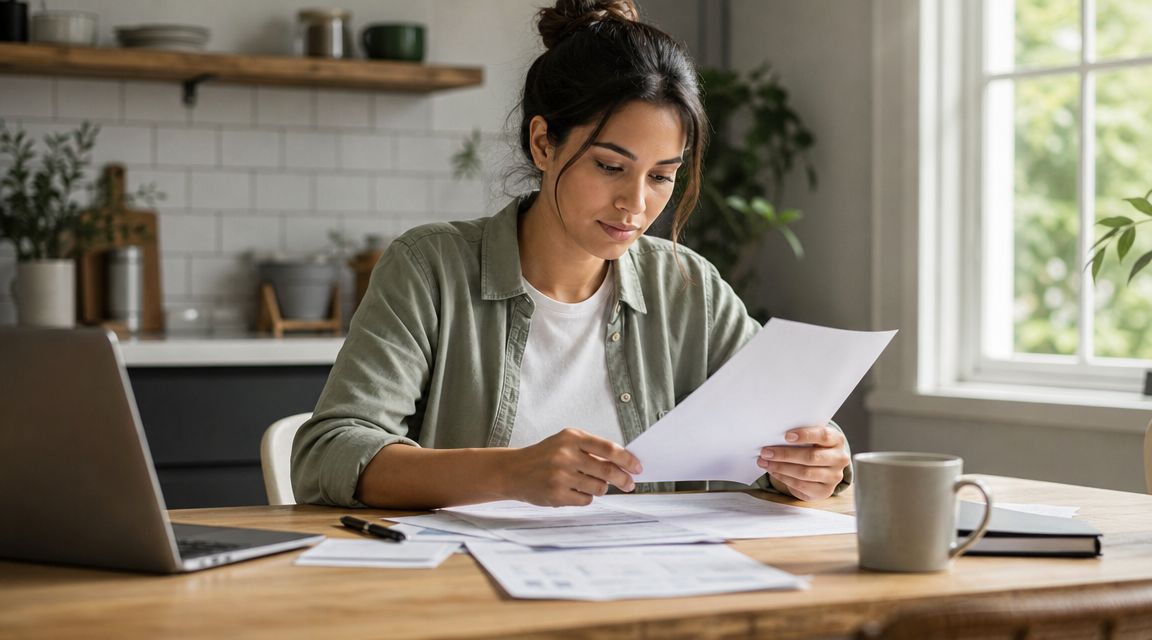 A woman reviewing legal documents at a table in a home office setting.