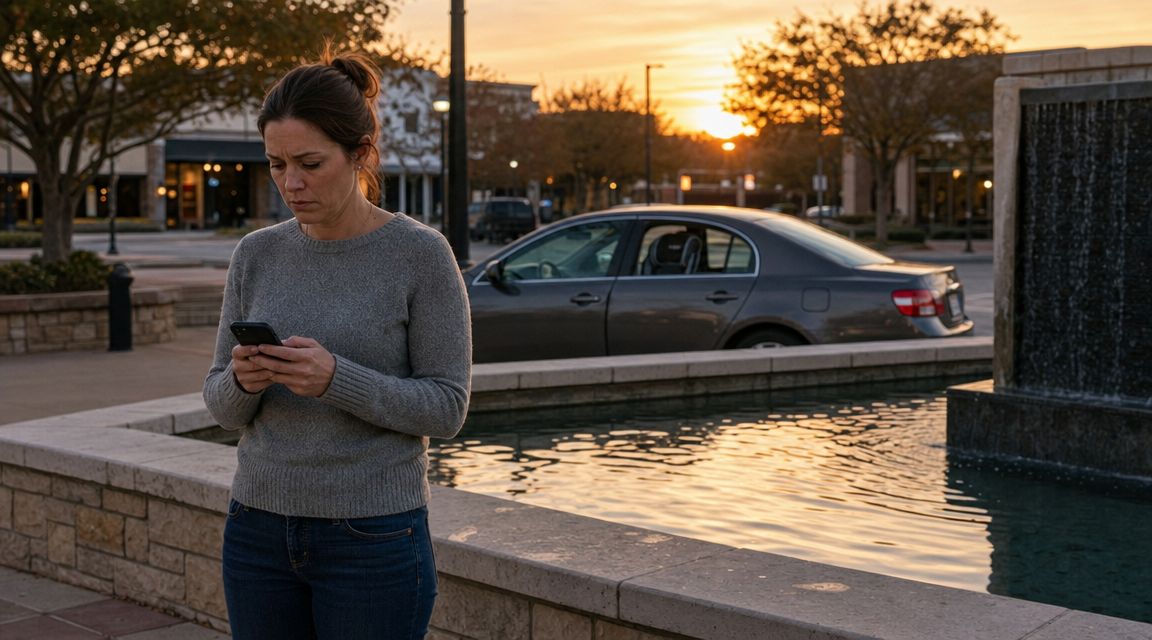 A concerned woman standing by a fountain checking her smartphone during a sunset in Atascocita, Texas.