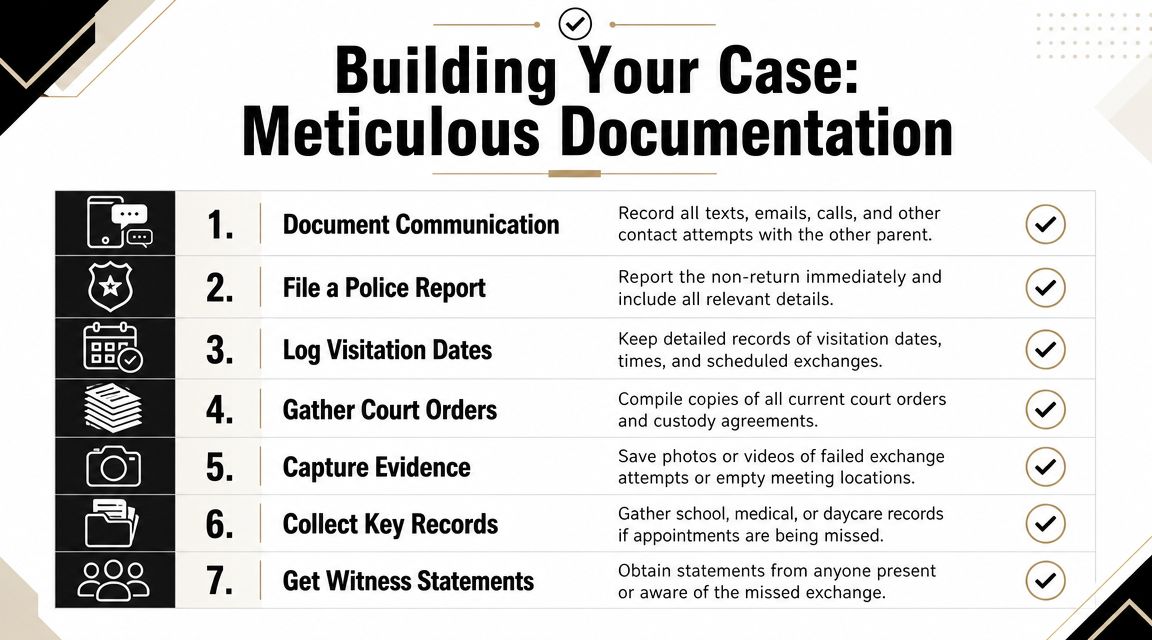 A checklist infographic titled Building Your Case outlining seven steps for documenting child custody visitation issues.