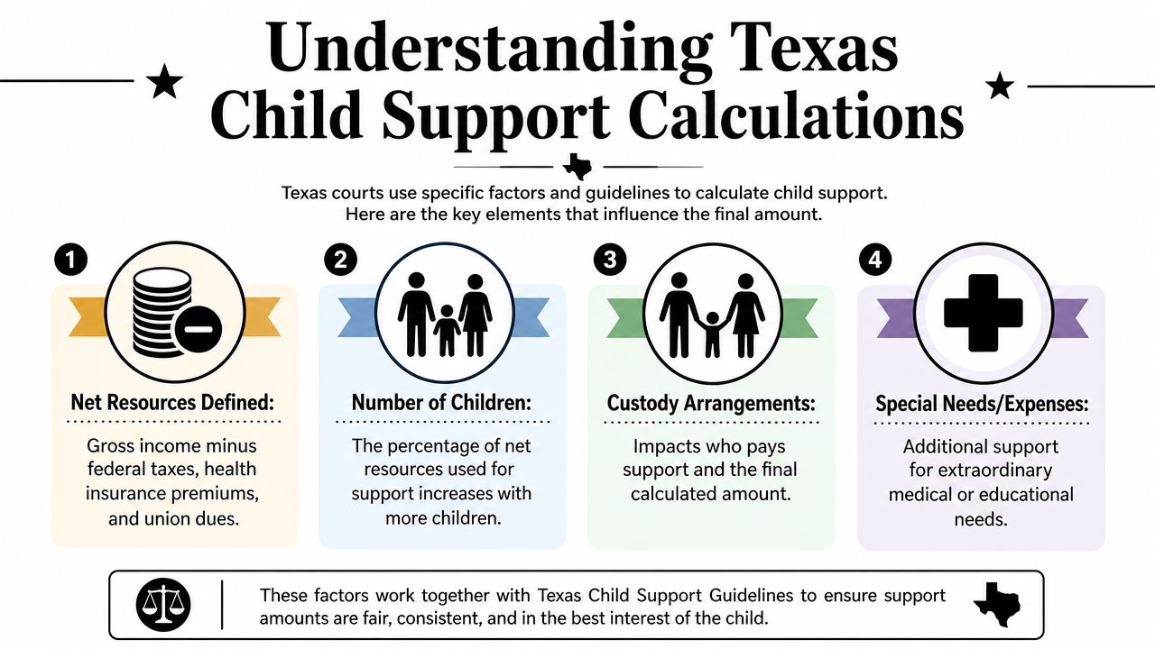 An infographic explaining the four main factors used to calculate child support in Texas court systems.