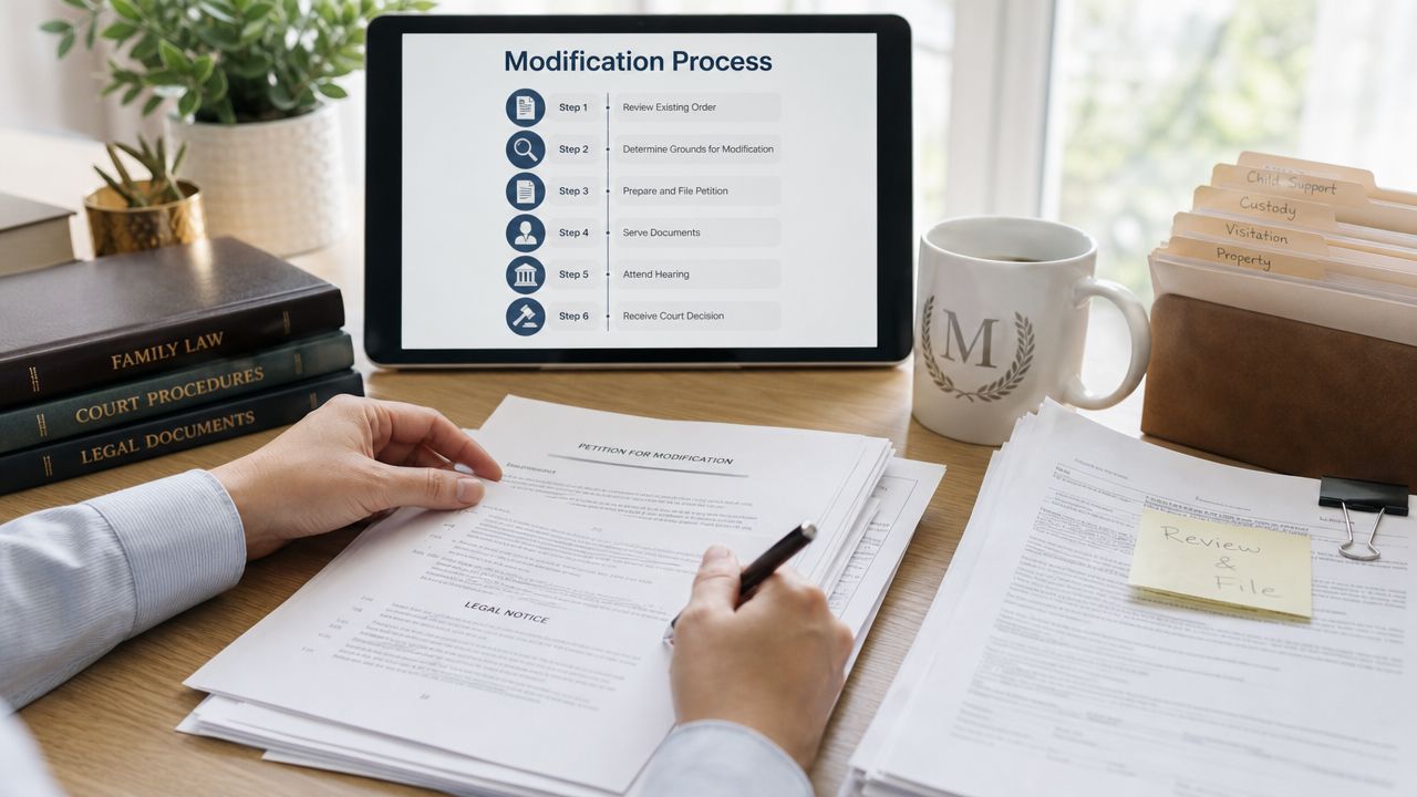 A person reviews legal paperwork for a modification process with a computer showing steps nearby.