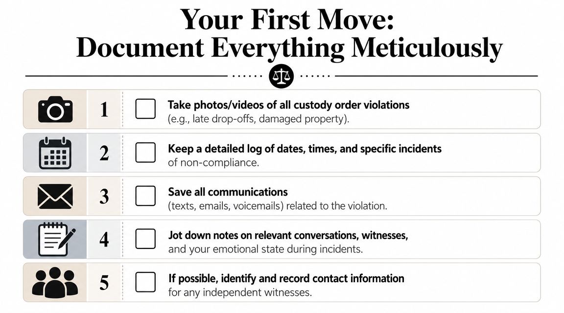 A checklist infographic titled Your First Move: Document Everything Meticulously regarding custody order violations.