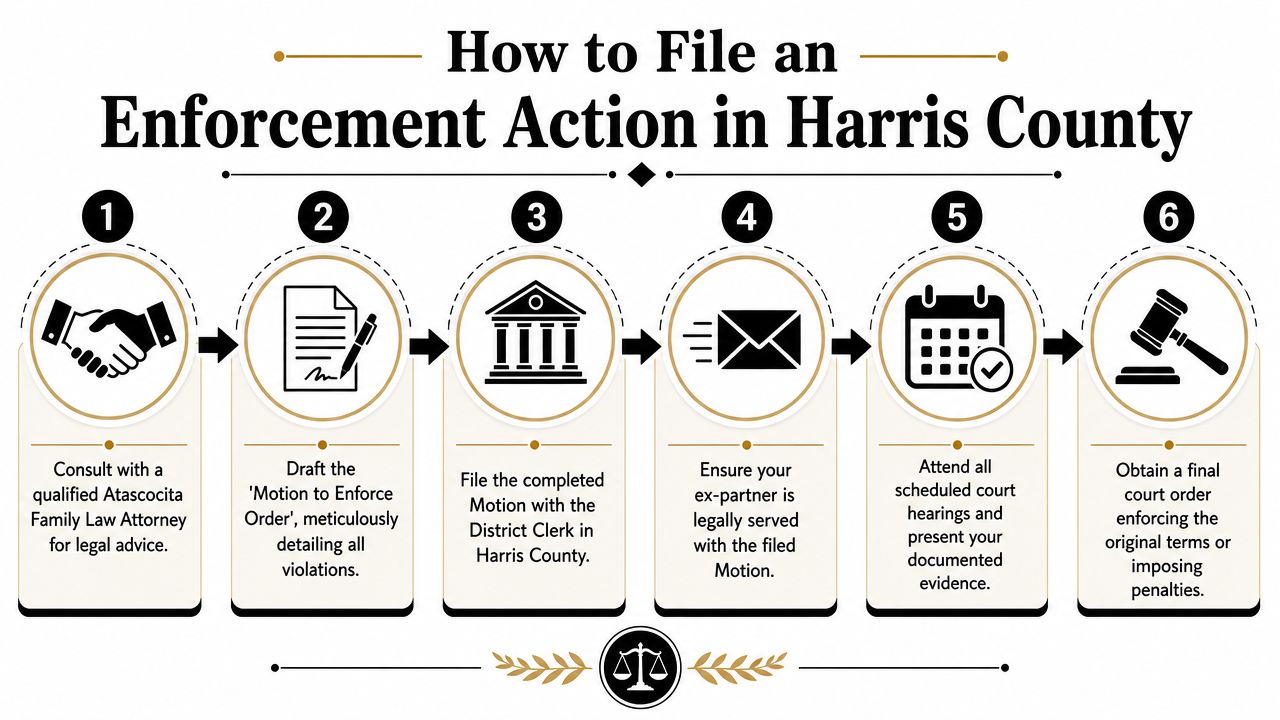 A six-step infographic guide on how to file a legal enforcement action in Harris County.