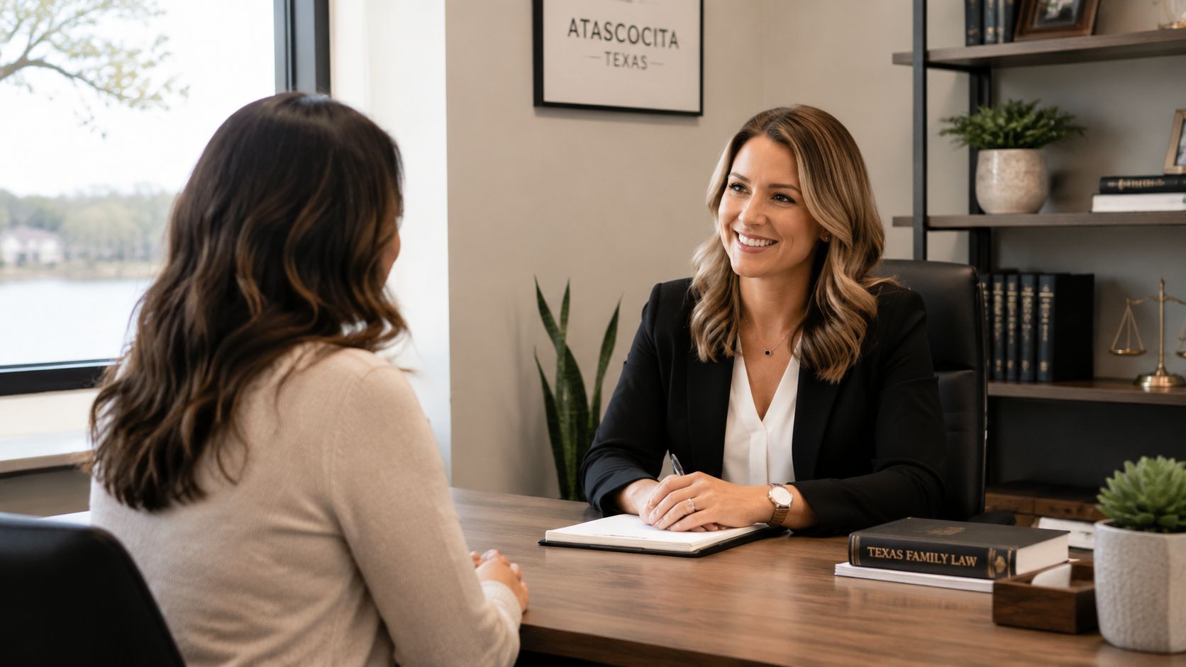 A professional family law attorney in Texas conducts a consultation meeting with a female client in office.