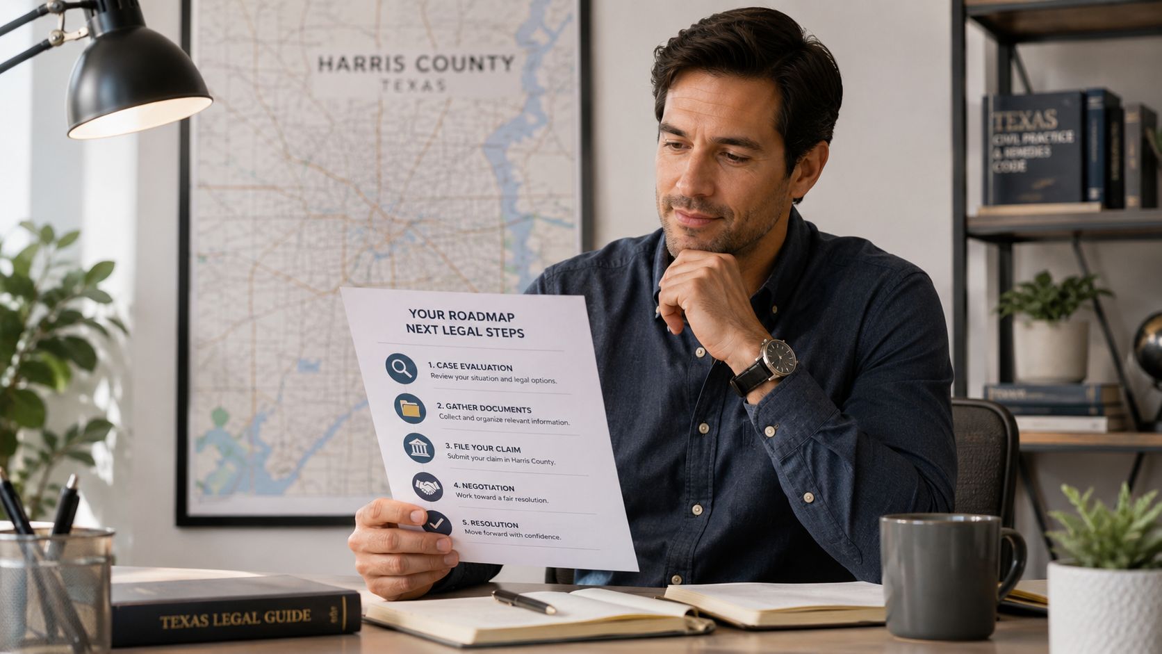 A professional man holding a roadmap document titled next legal steps in a law office setting.