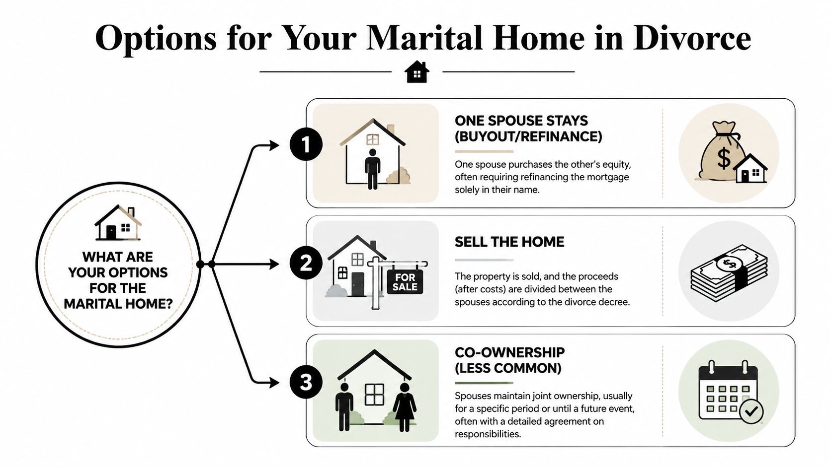 A diagram outlining three common options for handling a marital home during a divorce settlement process.