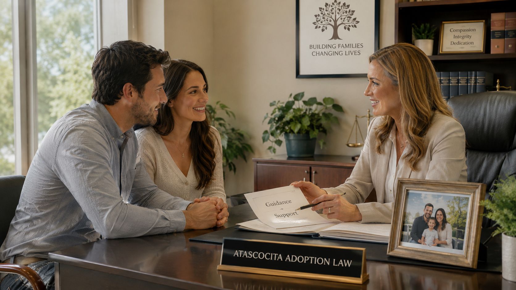 A professional adoption attorney discussing legal documents with a smiling couple in an office setting.