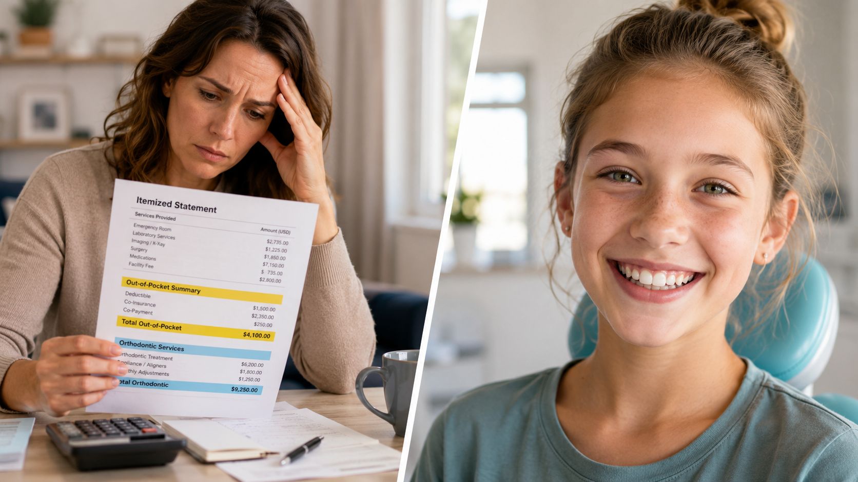 A concerned mother reviewing high medical and dental expenses while her young daughter smiles happily nearby.