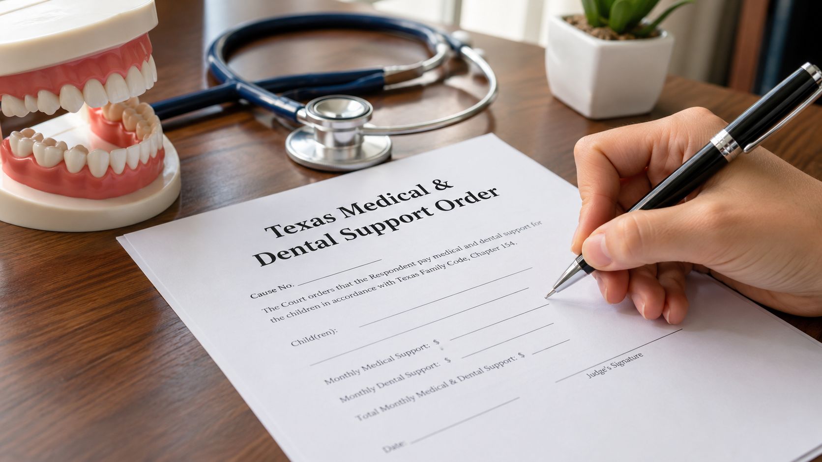A hand filling out a Texas Medical and Dental Support Order document on a wooden desk.