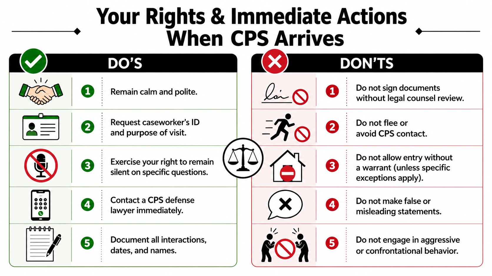 A helpful infographic outlining essential legal rights and recommended actions when interacting with Child Protective Services agents.