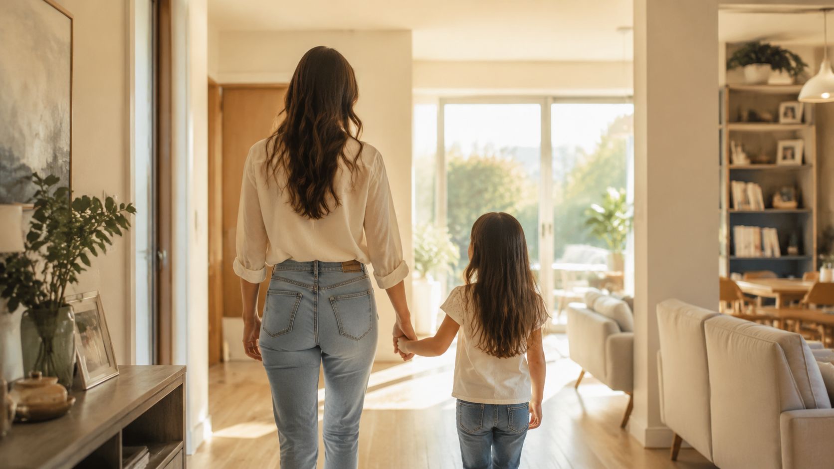 A mother and her young daughter holding hands, walking together through a bright, sunlit living room at home.