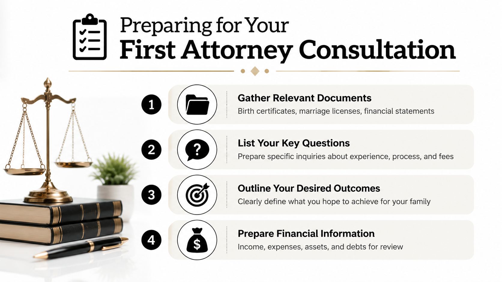 A checklist infographic illustrating four essential steps to prepare for your first legal attorney consultation.