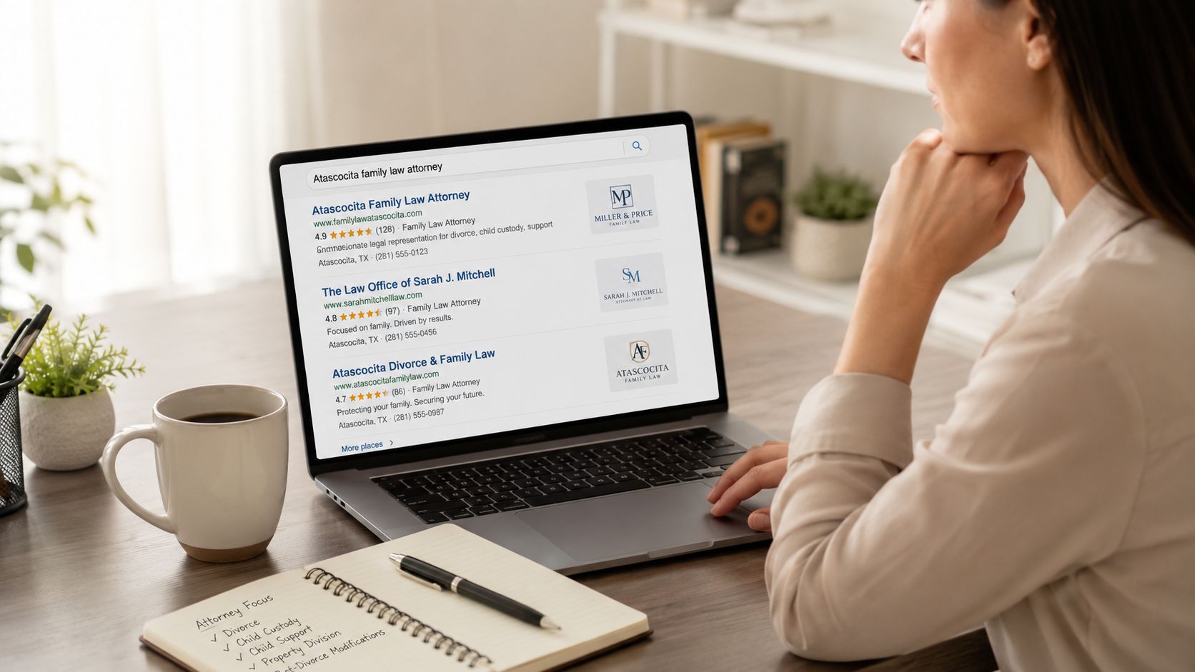 A person using a laptop to research family law attorneys in Atascocita, Texas with a handwritten notepad.