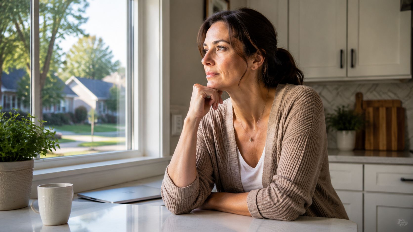 A pensive woman in a beige cardigan looking out of a bright kitchen window at home.