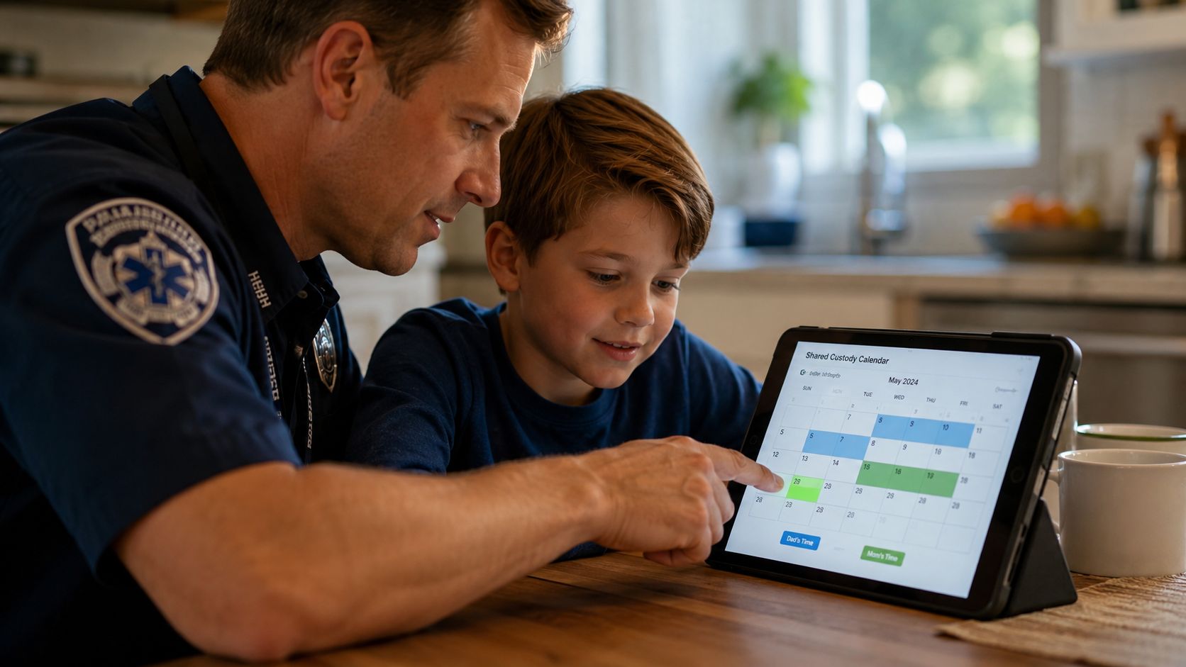 A first responder father and his son looking at a shared custody calendar on a digital tablet.