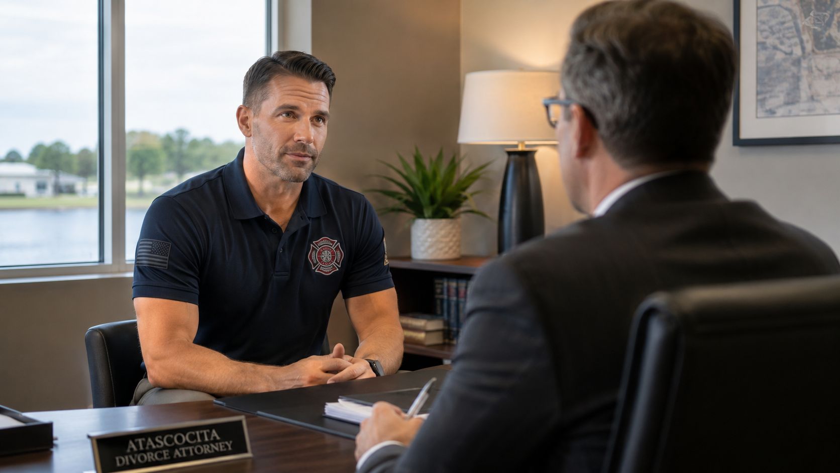 A professional divorce attorney consulting with a first responder client in a bright, modern office setting.