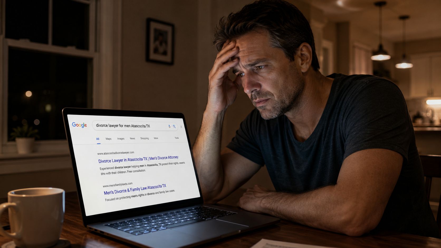 A distressed man sitting at a desk late at night looking up divorce lawyers on his laptop.