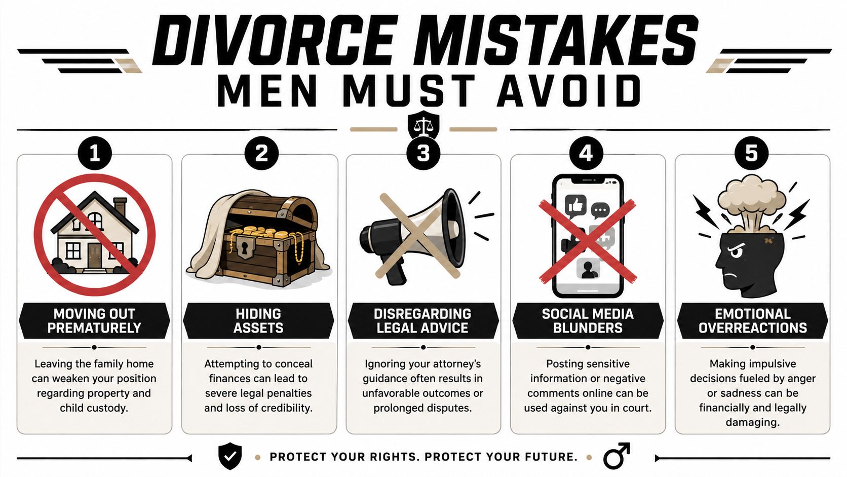 An infographic detailing five common divorce mistakes men must avoid to protect their legal and financial interests.