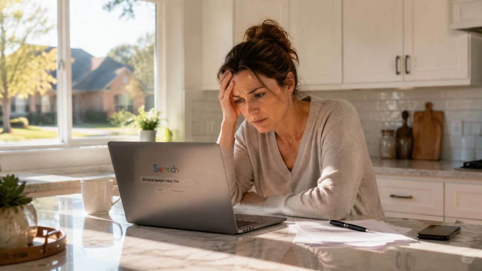 A woman looks distressed while sitting at a kitchen counter searching for a divorce lawyer on a laptop.