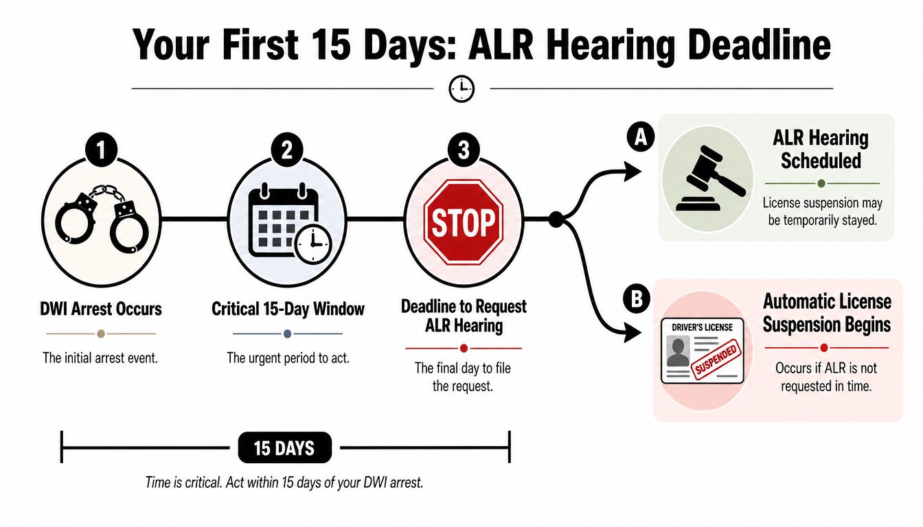 A timeline infographic detailing the critical 15-day deadline to request an ALR hearing following a DWI arrest.