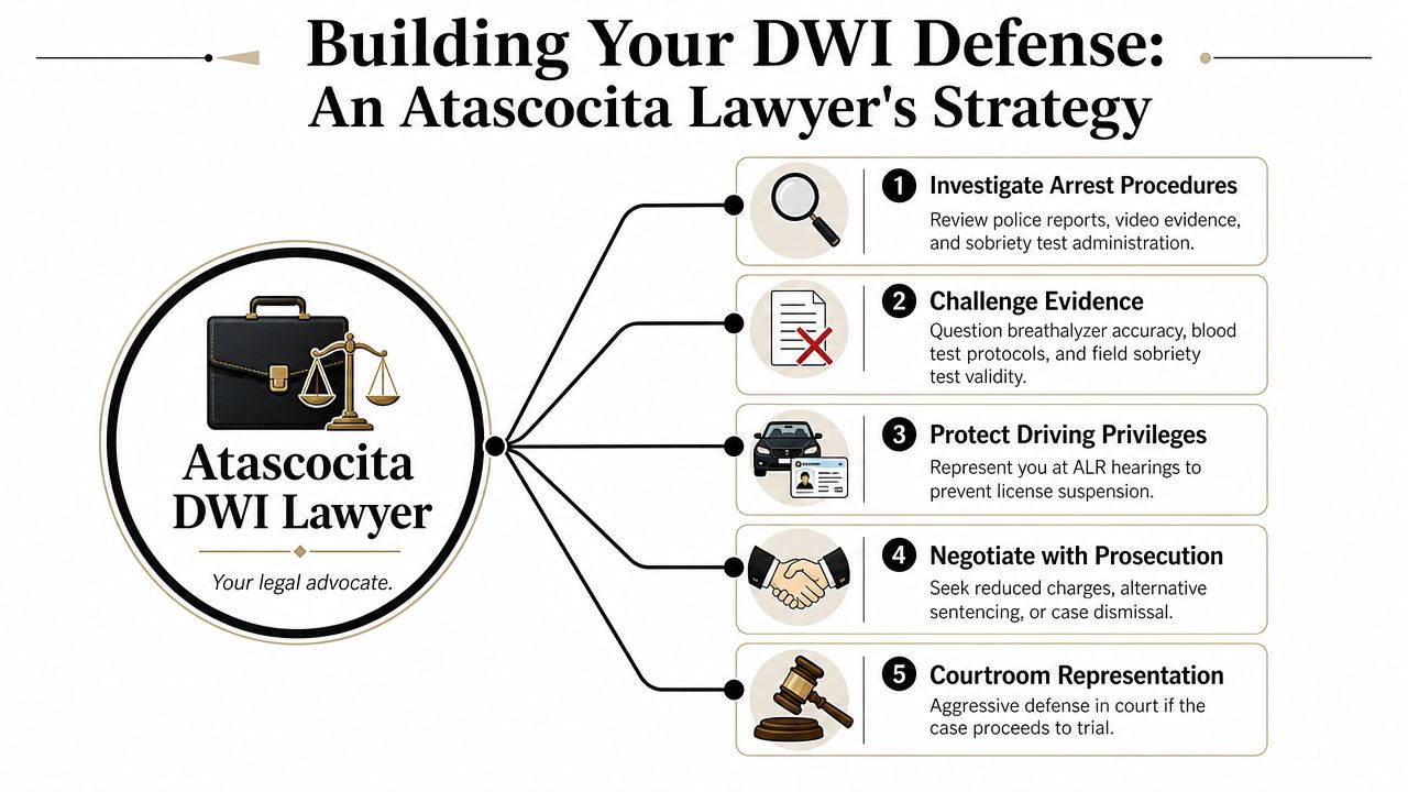An infographic detailing a five-step DWI legal defense strategy provided by an Atascocita, Texas law firm.