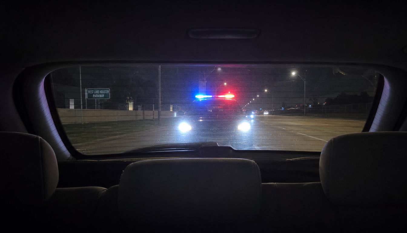 A view through a car's rear windshield at night showing a police cruiser with flashing lights behind.