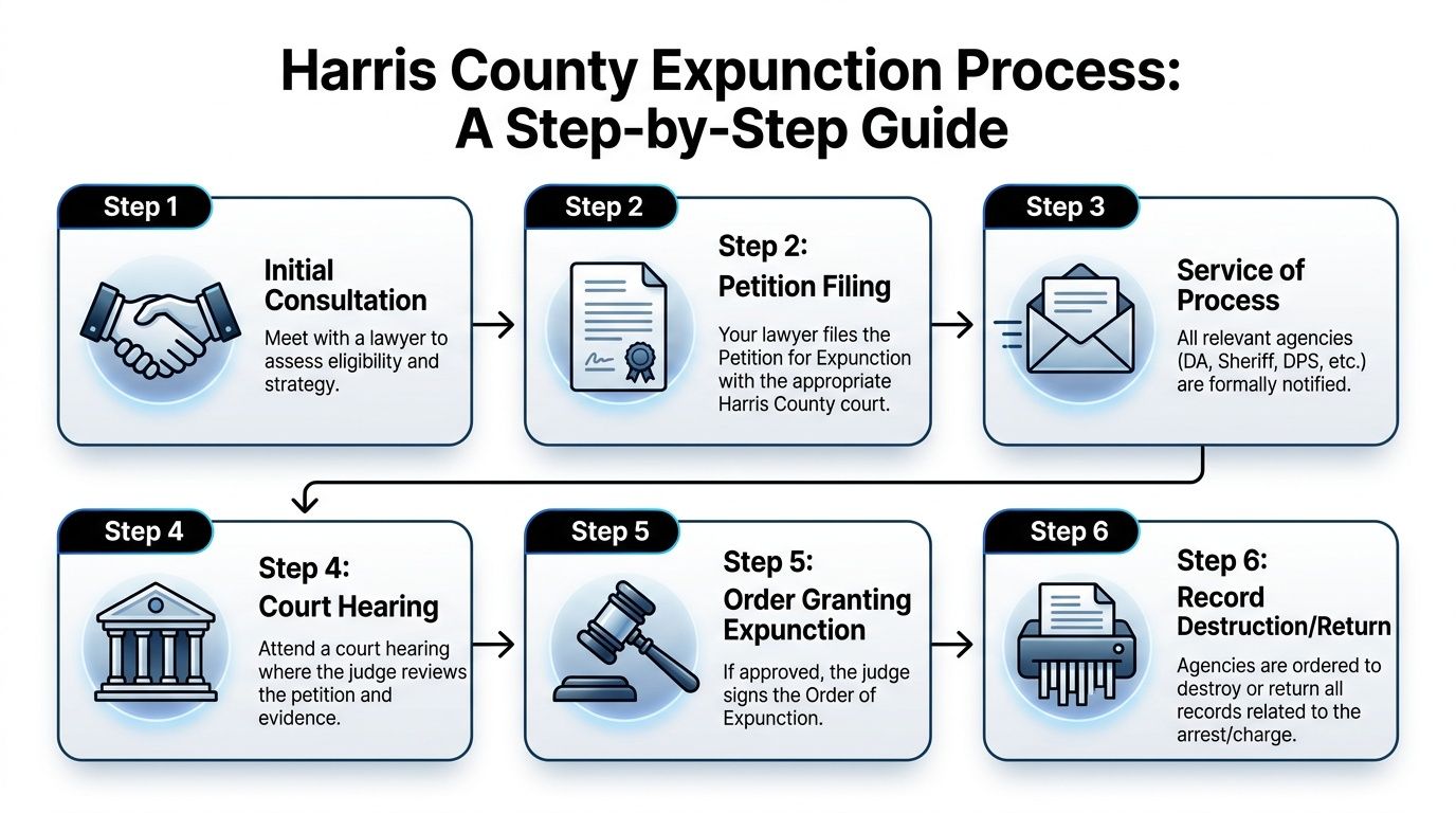 A step-by-step infographic illustrating the legal process for expunction of records in Harris County, Texas.