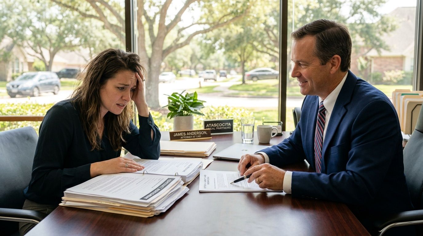 A distressed woman consults with an Atascocita lawyer regarding her legal documents in a professional office setting.