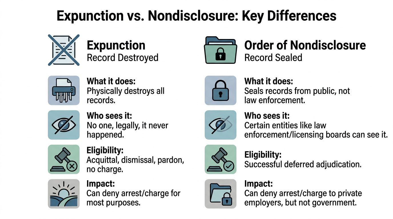 A comparison chart outlining the differences between expunction and an order of nondisclosure for criminal records.