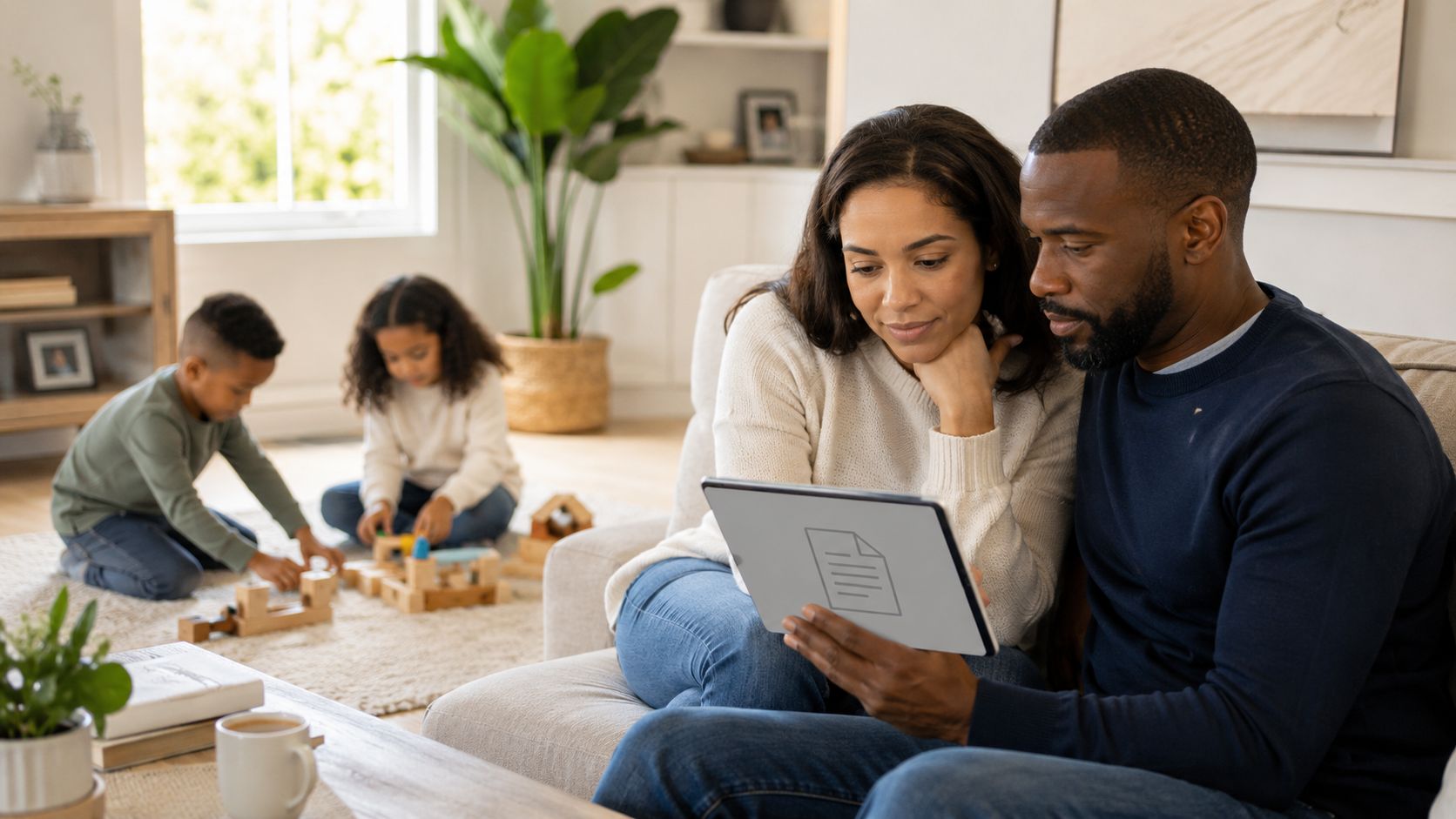 A happy family sitting together on a couch while using a digital tablet at home.
