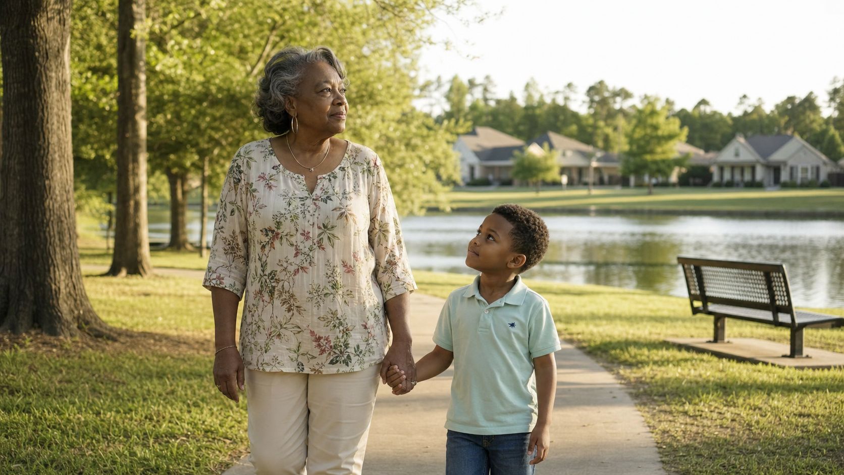 An elderly African American woman walking hand-in-hand with her young grandson along a scenic lakeside park path.