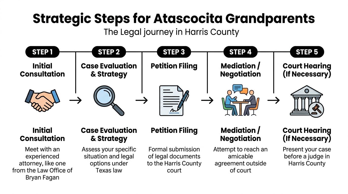 A five-step flowchart outlining the legal process for Atascocita grandparents seeking rights in Harris County court.